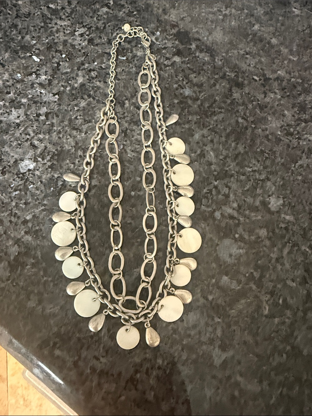 Layered Disc and Teardrop Pendant Necklace in Gold Tone